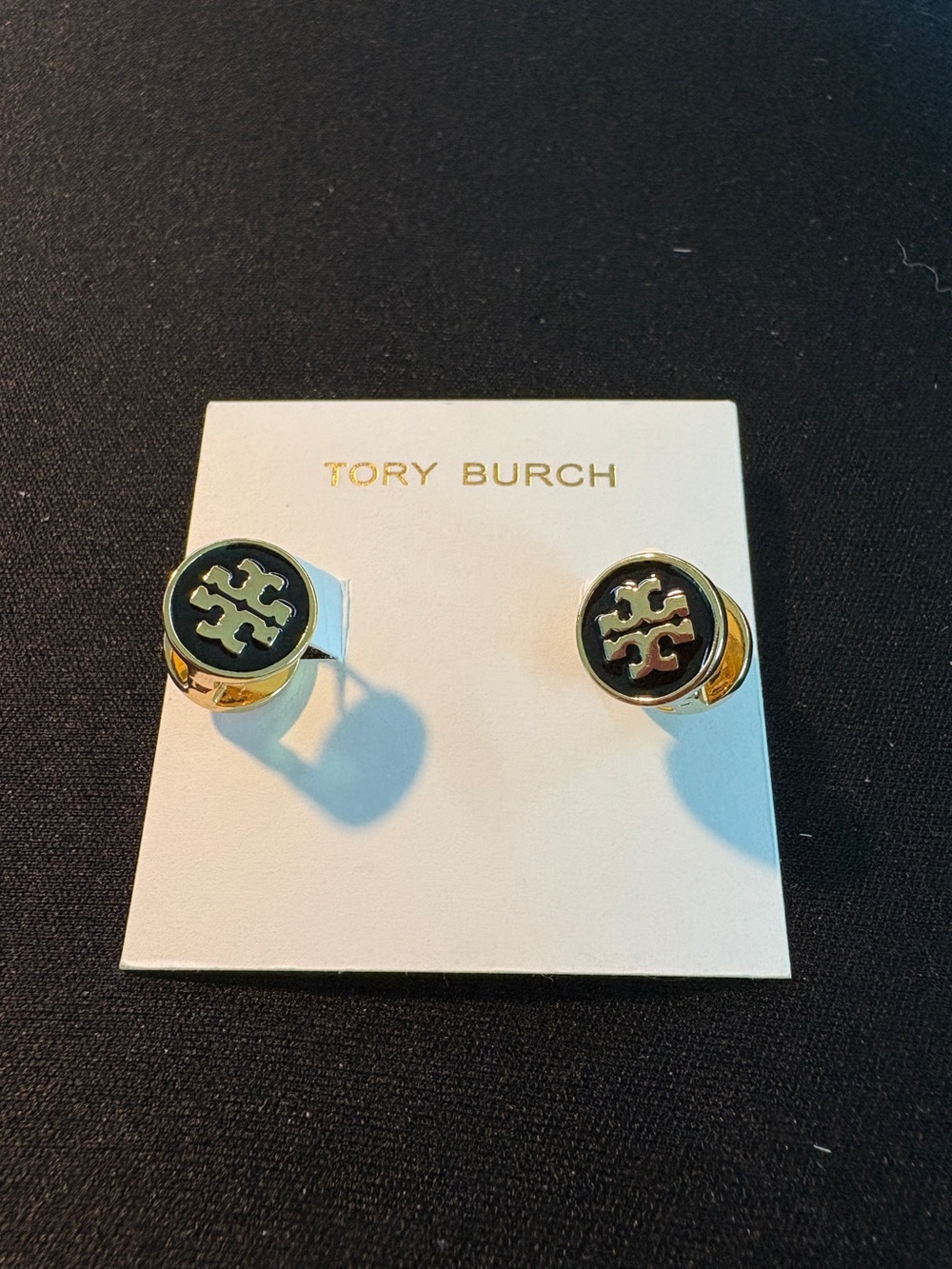 Tory Burch Gold Logo Hoop Studs with Black Enamel